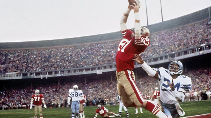 UNITED STATES - JANUARY 10: Football: NFC Playoffs, San Francisco 49ers Dwight Clark (87) in action, making catch and scoring game winning touchdown vs Dallas Cowboys Everson Walls (24), Cover, San Francisco, CA 1/10/1982 (Photo by Walter Iooss Jr./Sports Illustrated/Getty Images) (SetNumber: X26442 TK1)