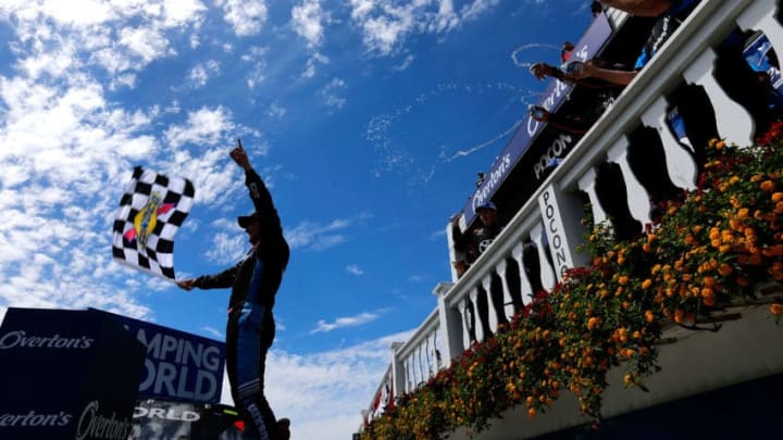 LONG POND, PA - JULY 29: Christopher Bell, driver of the #4 SiriusXM Toyota, celebrates in Victory Lane after winning the NASCAR Camping World Truck Series Overton's 150 at Pocono Raceway on July 29, 2017 in Long Pond, Pennsylvania. (Photo by Jonathan Ferrey/Getty Images)