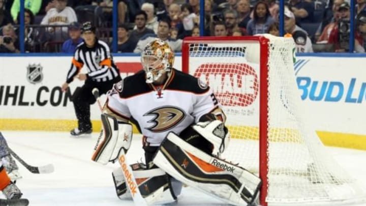 Feb 8, 2015; Tampa, FL, USA; Anaheim Ducks goalie Frederik Andersen (31) makes a save against the Tampa Bay Lightning during the second period at Amalie Arena. Mandatory Credit: Kim Klement-USA TODAY Sports