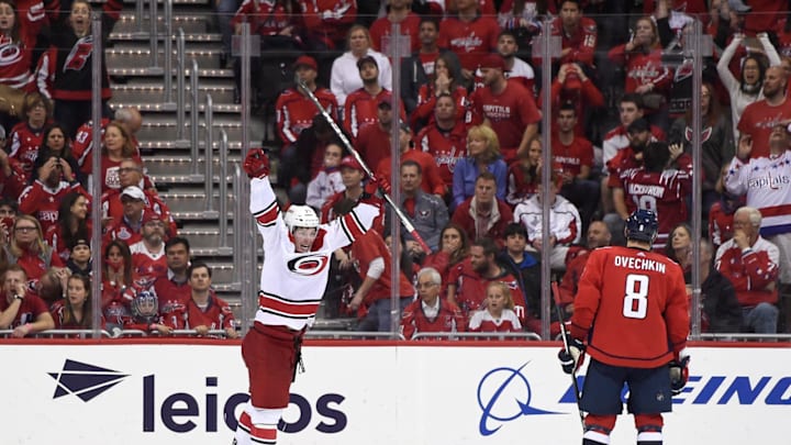 WASHINGTON, DC – APRIL 24: Brock McGinn #23 of the Carolina Hurricanes celebrates after scoring the game winning goal in the second overtime period against the Washington Capitals in Game Seven of the Eastern Conference First Round during the 2019 NHL Stanley Cup Playoffs at Capital One Arena on April 24, 2019 in Washington, DC. The Hurricanes defeated the Capitals 4-3 in the second overtime period to move on to Round Two of the Stanley Cup playoffs. (Photo by Patrick McDermott/NHLI via Getty Images)