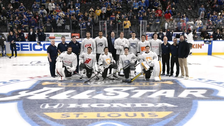 ST LOUIS, MISSOURI – JANUARY 25: The Metropolitan Division team pose for a team photo prior to the 2020 NHL All-Star Game at the Enterprise Center on January 25, 2020 in St Louis, Missouri. (Photo by Scott Rovak/NHLI via Getty Images)