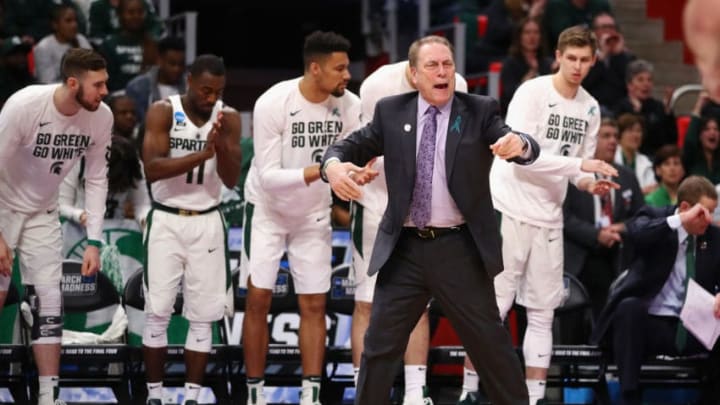 DETROIT, MI - MARCH 16: Head coach Tom Izzo of the Michigan State Spartans coaches against the Bucknell Bison during the first half in the first round of the 2018 NCAA Men's Basketball Tournament at Little Caesars Arena on March 16, 2018 in Detroit, Michigan. (Photo by Gregory Shamus/Getty Images)