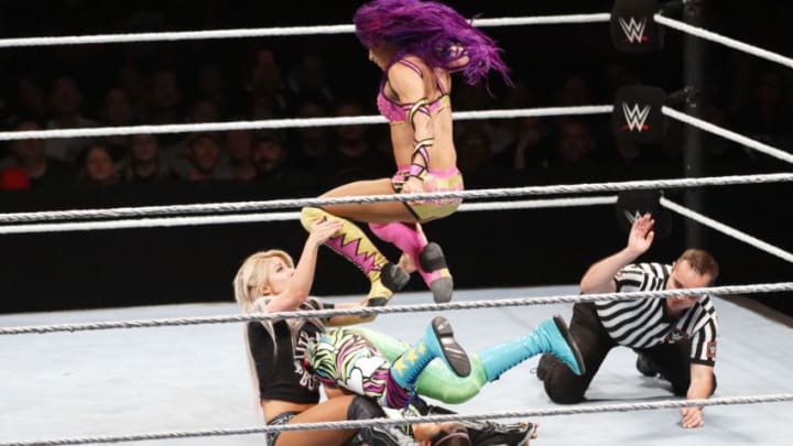 PARIS, FRANCE - MAY 19: Sasha Banks (up) in action vs Alexia Bliss (L) and Bayley during WWE Live AccorHotels Arena Popb Paris Bercy on May 19, 2018 in Paris, France. (Photo by Sylvain Lefevre/Getty Images)