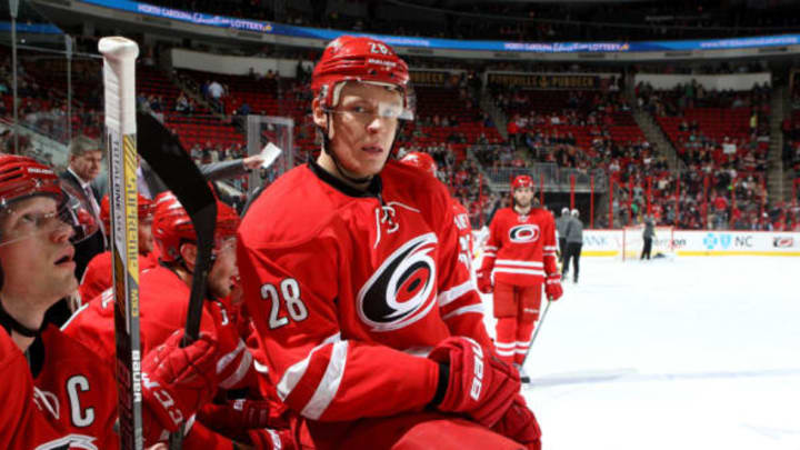 RALEIGH, NC – MARCH 06: Alexander Semin #28 of the Carolina Hurricanes prepares to take the ice during their NHL game against the Minnesota Wild at PNC Arena on March 6, 2015 in Raleigh, North Carolina. (Photo by Gregg Forwerck/NHLI via Getty Images)