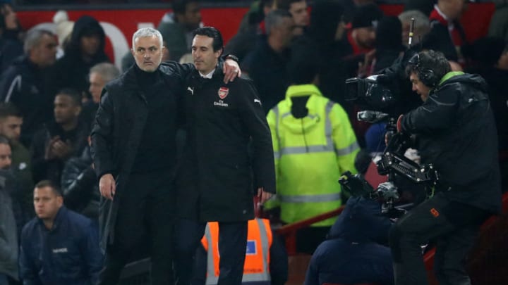 MANCHESTER, ENGLAND - DECEMBER 05: Jose Mourinho, Manager of Manchester United and Unai Emery, Manager of Arsenal hug each other after the Premier League match between Manchester United and Arsenal FC at Old Trafford on December 5, 2018 in Manchester, United Kingdom. (Photo by Clive Brunskill/Getty Images)
