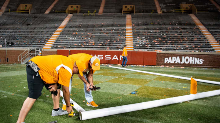 A goal post left in the south end zone is taken apart after Tennessee’s game against Alabama in Neyland Stadium in Knoxville, Tenn., on Saturday, Oct. 15, 2022.Kns Ut Bama Football Bp