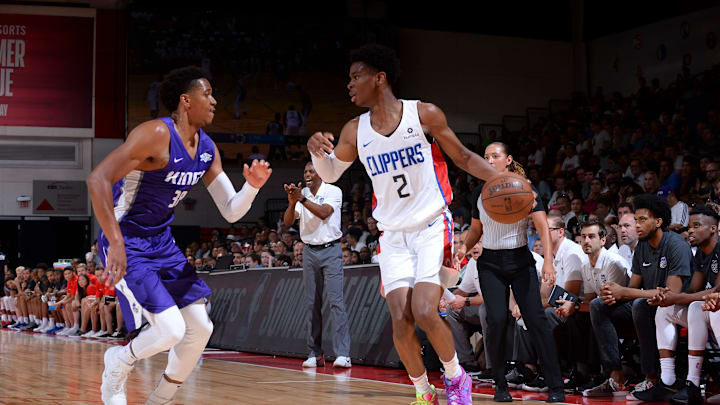 LAS VEGAS, NV – JULY 8: Shai Gilgeous-Alexander #2 of the LA Clippers handles the ball against the Sacramento Kings during the 2018 Las Vegas Summer League on July 8, 2018 at the Cox Pavilion in Las Vegas, Nevada. NOTE TO USER: User expressly acknowledges and agrees that, by downloading and/or using this Photograph, user is consenting to the terms and conditions of the Getty Images License Agreement. Mandatory Copyright Notice: Copyright 2018 NBAE (Photo by Bart Young/NBAE via Getty Images)