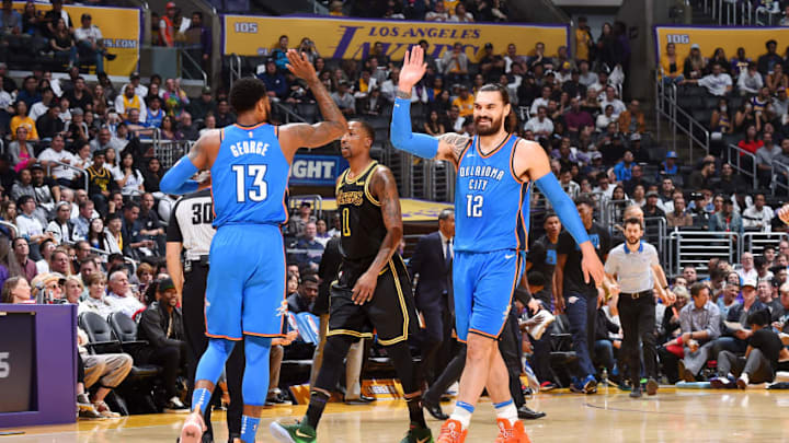 Paul George and Steven Adams | Copyright 2018 NBAE (Photo by Andrew D. Bernstein/NBAE via Getty Images) Paul George and Steven Adams | Copyright 2018 NBAE (Photo by Andrew D. Bernstein/NBAE via Getty Images)