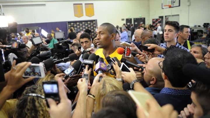 September 28, 2015; El Segundo, CA, USA; Los Angeles Lakers forward Metta World Peace speaks to press during media day at Toyota Sports Center. Mandatory Credit: Gary A. Vasquez-USA TODAY Sports