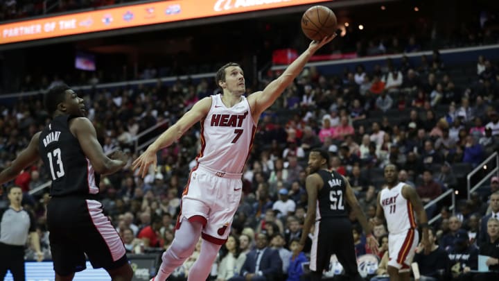 WASHINGTON, DC –  MARCH 23: Goran Dragic #7 of the Miami Heat shoots the ball against the Washington Wizards on March 23, 2019 at Capital One Arena in Washington, DC. NOTE TO USER: User expressly acknowledges and agrees that, by downloading and or using this Photograph, user is consenting to the terms and conditions of the Getty Images License Agreement. Mandatory Copyright Notice: Copyright 2019 NBAE (Photo by Ethan Stoler/NBAE via Getty Images)