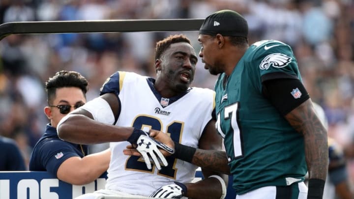 LOS ANGELES, CA - DECEMBER 10: Kayvon Webster #21 of the Los Angeles Rams shakes hand with Alshon Jeffery #17 of the Philadelphia Eagles after getting injured during the first quarter of the game at the Los Angeles Memorial Coliseum on December 10, 2017 in Los Angeles, California. (Photo by Kevork Djansezian/Getty Images)