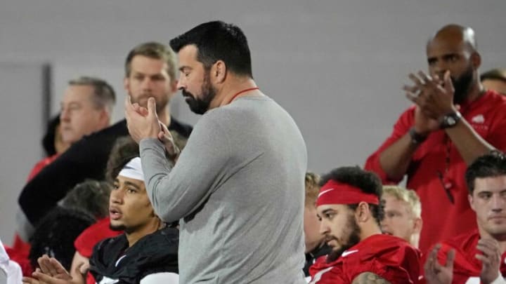 Ohio State head coach Ryan Day talks to his players during the first practice of spring football at the Woody Hayes Athletic Center in Columbus on Tuesday, March 8, 2022.Ceb Osufb Spring 0308 Bjp 10