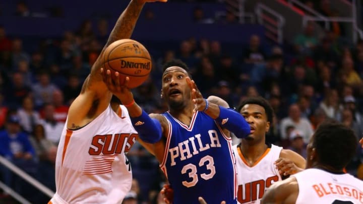 Dec 23, 2016; Phoenix, AZ, USA; Philadelphia 76ers forward Robert Covington (33) drives to the basket against the Phoenix Suns in the second half at Talking Stick Resort Arena. The Suns defeated the 76ers 123-116. Mandatory Credit: Mark J. Rebilas-USA TODAY Sports