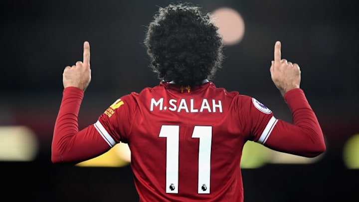 LIVERPOOL, ENGLAND - NOVEMBER 25: Mohamed Salah of Liverpool celebrates scoring his sides first goal during the Premier League match between Liverpool and Chelsea at Anfield on November 25, 2017 in Liverpool, England. (Photo by Shaun Botterill/Getty Images)
