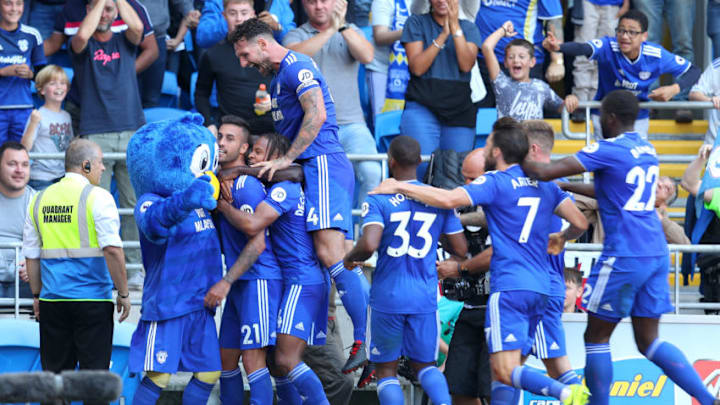 CARDIFF, WALES - SEPTEMBER 02: Victor Camarasa of Cardiff City celebrates with team mates after he scores his sides first goal during the Premier League match between Cardiff City and Arsenal FC at Cardiff City Stadium on September 2, 2018 in Cardiff, United Kingdom. (Photo by Catherine Ivill/Getty Images)