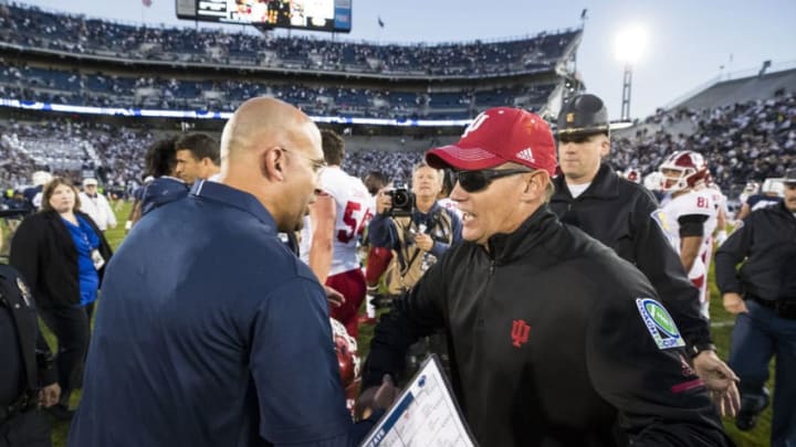 UNIVERSITY PARK, PA - SEPTEMBER 30: Head coach James Franklin of the Penn State Nittany Lions shakes hands with head coach Tom Allen of the Indiana Hoosiers after the game on September 30, 2017 at Beaver Stadium in University Park, Pennsylvania. Penn State defeats Indiana 45-14. (Photo by Brett Carlsen/Getty Images)