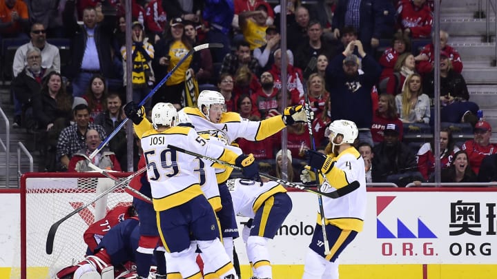 WASHINGTON, DC – APRIL 05: Ryan Johansen #92 of the Nashville Predators celebrates with his teammates after scoring a goal in the third period against the Washington Capitals at Capital One Arena on April 5, 2018 in Washington, DC. (Photo by Patrick McDermott/NHLI via Getty Images)