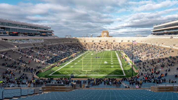 Dec 5, 2020; South Bend, Indiana, USA; A general view of Notre Dame Stadium as the Notre Dame Football take the field for the game against the Syracuse Orange. Mandatory Credit: Matt Cashore-USA TODAY Sports