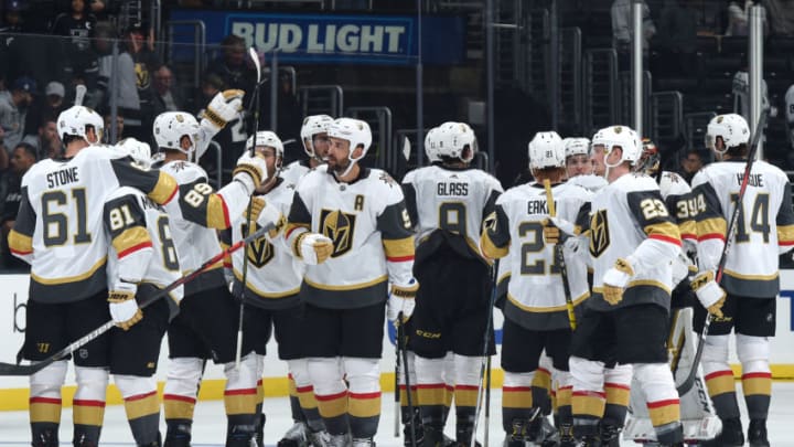 LOS ANGELES, CA - SEPTEMBER 19: The Vegas Golden Knights celebrate their 3-2 overtime win over the Los Angeles Kings at STAPLES Center on September 19, 2019 in Los Angeles, California. (Photo by Juan Ocampo/NHLI via Getty Images)