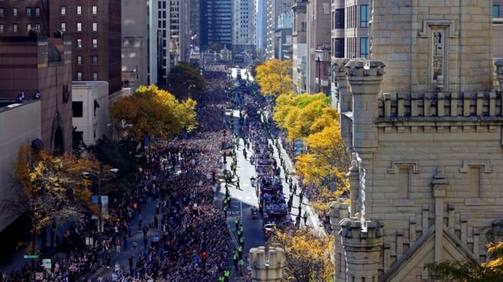 Nov 4, 2016; Chicago, IL, USA; A general view as the Chicago Cubs make their way along Michigan Avenue during the World Series victory parade. Mandatory Credit: Jerry Lai-USA TODAY Sports