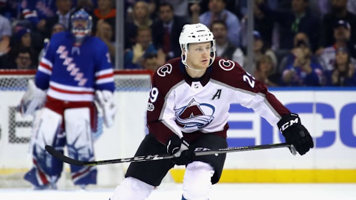 NEW YORK, NY – OCTOBER 05: Nathan MacKinnon (Photo by Bruce Bennett/Getty Images)