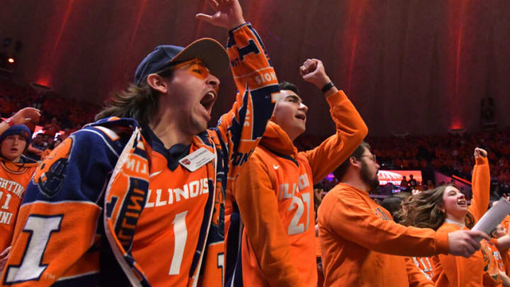 Jan 13, 2023; Champaign, Illinois, USA; Illinois fighting Illini fans cheer on the team during the first half against the Michigan State Spartans at State Farm Center. Mandatory Credit: Ron Johnson-USA TODAY Sports