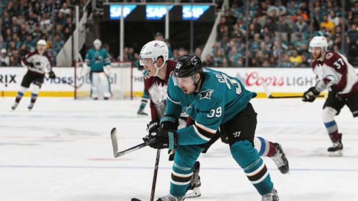 SAN JOSE, CA - MAY 04: Logan Couture #39 of the San Jose Sharks skate ahead with the puck against the Colorado Avalanche in Game Five of the Western Conference Second Round during the 2019 NHL Stanley Cup Playoffs at SAP Center on May 4, 2019 in San Jose, California (Photo by Kavin Mistry/NHLI via Getty Images)
