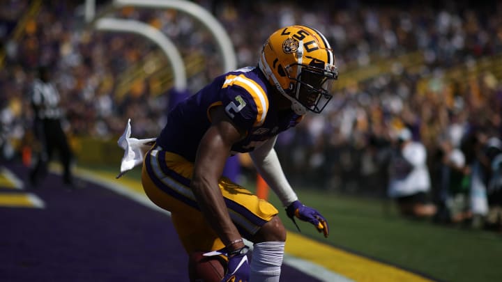 BATON ROUGE, LOUISIANA – OCTOBER 05: Wide receiver Justin Jefferson #2 of the LSU Tigers reacts after scoring a touchdown against the Utah State Aggies at Tiger Stadium on October 05, 2019 in Baton Rouge, Louisiana. (Photo by Chris Graythen/Getty Images)