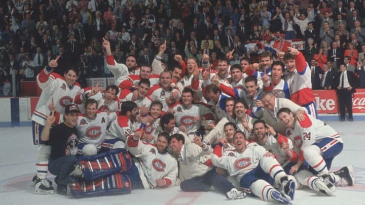 Portrait of the Montreal Canadiens hockey team as they pose on the after defeating the Los Angeles Kings in the Stanley Cup finals, Montreal, Quebec, Canada, June 9, 1993. (Photo by Bruce Bennett Studios/Getty Images)
