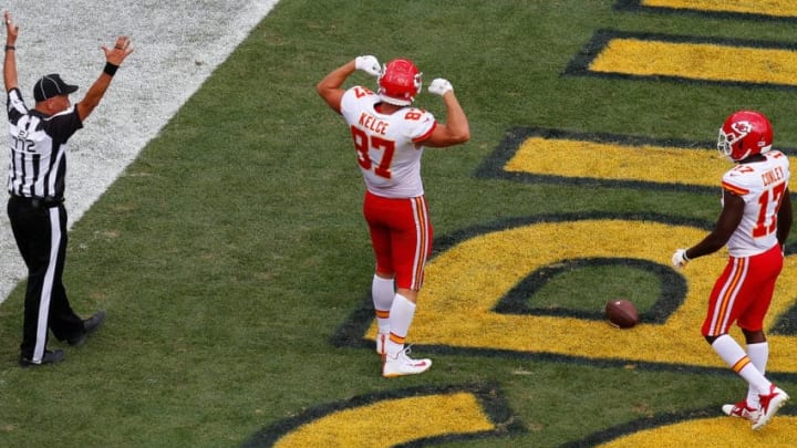 Fantasy Football Mock Draft: PITTSBURGH, PA - SEPTEMBER 16: Travis Kelce #87 of the Kansas City Chiefs celebrates after a 25 yard touchdown reception in the second half during the game against the Pittsburgh Steelers at Heinz Field on September 16, 2018 in Pittsburgh, Pennsylvania. (Photo by Justin K. Aller/Getty Images)