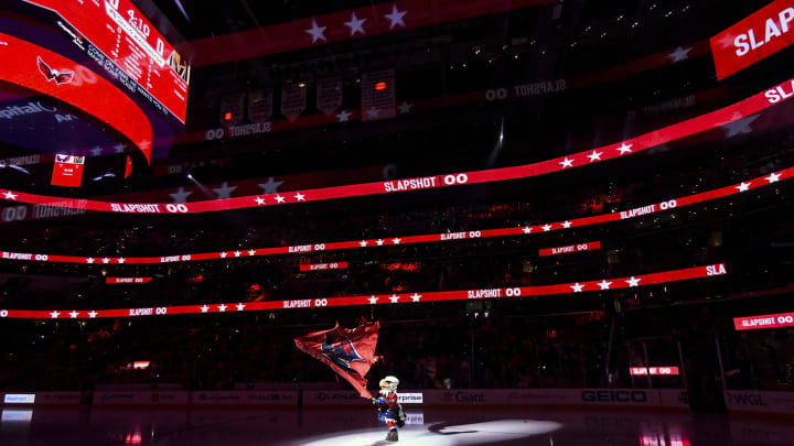 WASHINGTON, DC – NOVEMBER 09: The Washington Capitals mascot Slapshot takes the ice for the game against the Vegas Golden Knights on November 9, 2019, at the Capital One Arena in Washington, D.C. (Photo by Mark Goldman/Icon Sportswire via Getty Images)