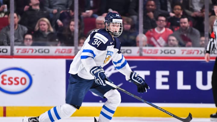 MONTREAL, QC - DECEMBER 29: Kristian Vesalainen #34 of Team Finland skates during the 2017 IIHF World Junior Championship preliminary round game against Team Sweden at the Bell Centre on December 29, 2016 in Montreal, Quebec, Canada. Team Sweden defeated Team Finland 3-1. (Photo by Minas Panagiotakis/Getty Images)