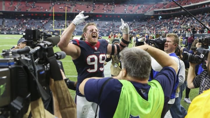 Jan 3, 2016; Houston, TX, USA; Houston Texans defensive end J.J. Watt (99) celebrates after defeating the Jacksonville Jaguars 30-6 at NRG Stadium. Mandatory Credit: Troy Taormina-USA TODAY Sports