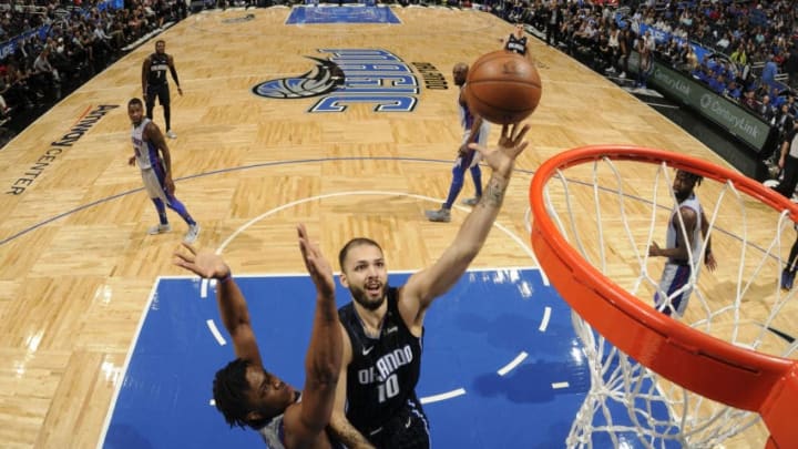ORLANDO, FL - MARCH 2: Evan Fournier #10 of the Orlando Magic shoots the ball against the Detroit Pistons on March 2, 2018 at Amway Center in Orlando, Florida. NOTE TO USER: User expressly acknowledges and agrees that, by downloading and or using this photograph, User is consenting to the terms and conditions of the Getty Images License Agreement. Mandatory Copyright Notice: Copyright 2018 NBAE (Photo by Fernando Medina/NBAE via Getty Images)