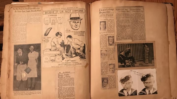 Spread of newspaper clippings, including articles about Agnes and a Believe It Or Not cartoon starring her friends Lillie and Harry McGregor, who could pull each other in a wagon with their eyelids.