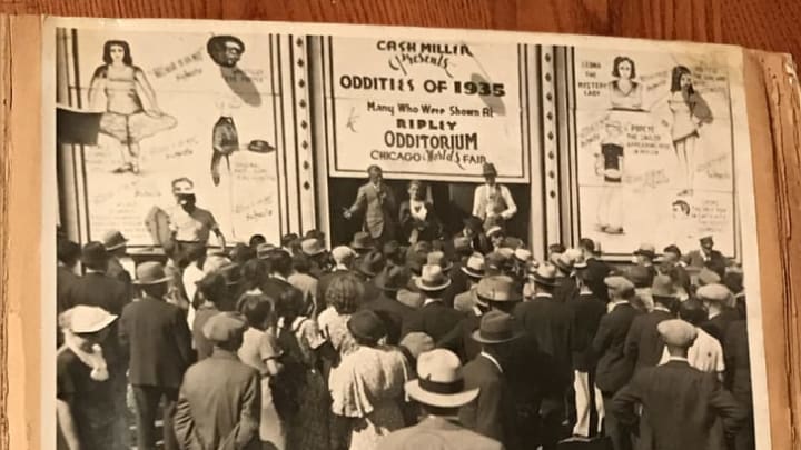 Top: Crowd gathered at an oddity show capitalizing off Ripley’s success at the World’s Fair. Bottom: Agnes is featured in a newspaper clipping, between two photos of unknown performers.