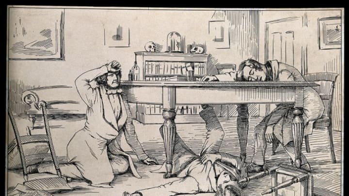 A drawing said to depict the effects of liquid chloroform on James Y. Simpson and his friends.