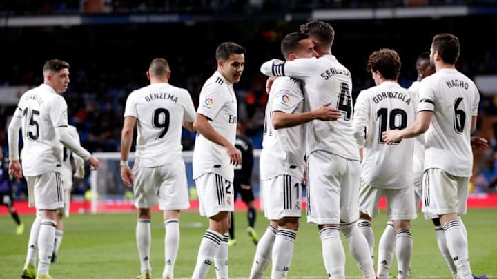 MADRID, SPAIN - JANUARY 9: (L-R) Federico Valverde of Real Madrid, Dani Ceballos of Real Madrid, Sergio Reguilon of Real Madrid, Cristo G. of Real Madrid, Sergio Ramos of Real Madrid, Alvaro Odriozola of Real Madrid, Nacho of Real Madrid celebrate goal during the Spanish Copa del Rey match between Real Madrid v Leganes at the Santiago Bernabeu on January 9, 2019 in Madrid Spain (Photo by David S. Bustamante/Soccrates/Getty Images)