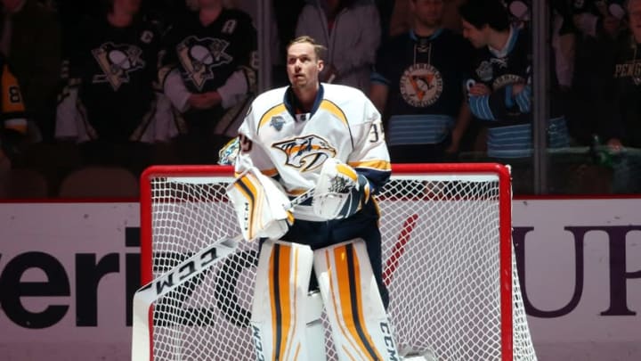 Mar 31, 2016; Pittsburgh, PA, USA; Nashville Predators goalie Pekka Rinne (35) stands for the national anthem before the first period against the Pittsburgh Penguins at the CONSOL Energy Center. Mandatory Credit: Charles LeClaire-USA TODAY Sports