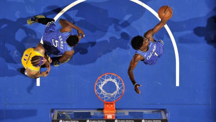 ORLANDO, FL - NOVEMBER 17: Jonathan Isaac #1 of the Orlando Magic shoots the ball against the Los Angeles Lakers on November 17, 2018 at Amway Center in Orlando, Florida. NOTE TO USER: User expressly acknowledges and agrees that, by downloading and or using this photograph, User is consenting to the terms and conditions of the Getty Images License Agreement. Mandatory Copyright Notice: Copyright 2018 NBAE (Photo by Fernando Medina/NBAE via Getty Images)
