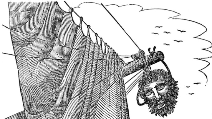 A drawing of the pirate Blackbeard's head hanging from a bowsprit.