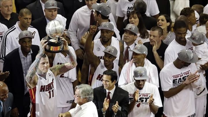 Jun 3, 2013; Miami, FL, USA; Miami Heat power forward Chris Andersen (11) holds the Eastern Conference trophy after game 7 of the 2013 NBA Eastern Conference Finals at American Airlines Arena. Miami Heat defeated the Indiana Pacers 99-76 to win the series 4 games to 3 . Mandatory Credit: Robert Mayer-USA TODAY Sports