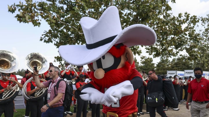 Sep 4, 2021; Houston, Texas, USA; Texas Tech Red Raiders mascot Raider Red walks up with the team at NRG Stadium before the game against the Houston Cougars. Mandatory Credit: Troy Taormina-USA TODAY Sports