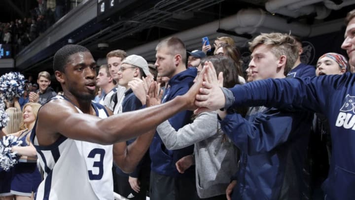 INDIANAPOLIS, IN - JANUARY 04: Kamar Baldwin #3 of the Butler Bulldogs celebrates with fans after the game against the Creighton Bluejays at Hinkle Fieldhouse on January 4, 2020 in Indianapolis, Indiana. Butler defeated Creighton 71-57. (Photo by Joe Robbins/Getty Images)