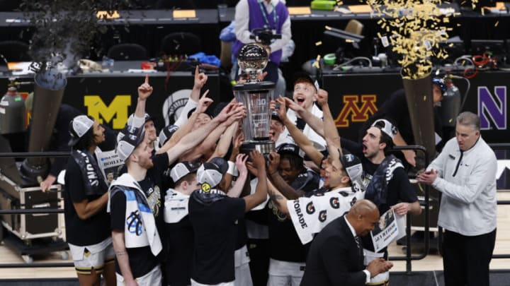 Mar 12, 2023; Chicago, IL, USA; Purdue Boilermakers players celebrate after winning Big Ten Conference Tournament Championship against the Penn State Nittany Lions at United Center. Mandatory Credit: Kamil Krzaczynski-USA TODAY Sports