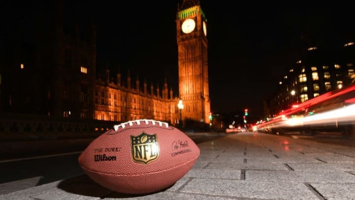 Oct 27, 2016; London, United Kingdom; General view of NFL Wilson official Duke football on the Westminster Bridge at the Houses of Parliament and Big Ben clock tower and Palace of Westminster prior to game 17 of the NFL International Series between the Washington Redskins and the Cincinnati Bengals. Mandatory Credit: Kirby Lee-USA TODAY Sports