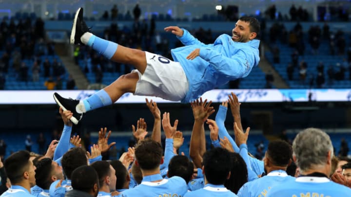 Sergio Aguero of Manchester City gets thrown in the air after the Premier League match between Manchester City and Everton at Etihad Stadium. (Photo by Chloe Knott - Danehouse/Getty Images)