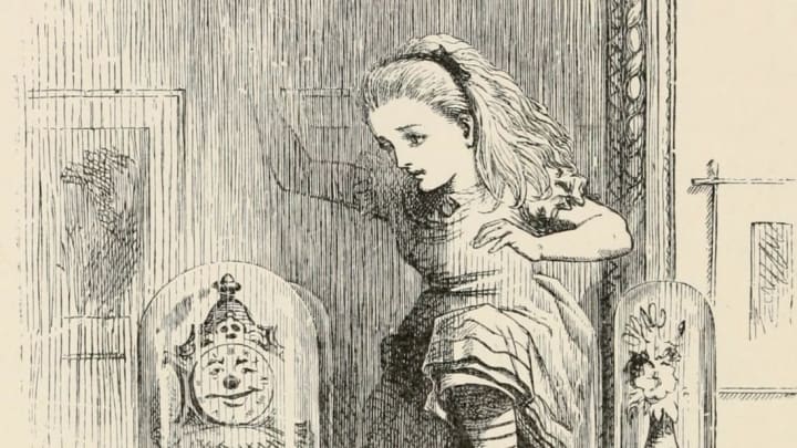 Alice hunts for Easter eggs through the looking-glass.