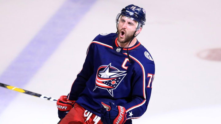 Apr 16, 2019; Columbus, OH, USA; Columbus Blue Jackets left wing Nick Foligno (71) celebrates defeating the Tampa Bay Lightning in game four of the first round of the 2019 Stanley Cup Playoffs at Nationwide Arena. Mandatory Credit: Aaron Doster-USA TODAY Sports