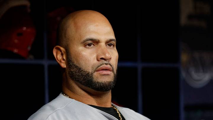 Jun 7, 2022; St. Petersburg, Florida, USA; St. Louis Cardinals first baseman Albert Pujols (5) looks on during the eighth inning against the Tampa Bay Rays at Tropicana Field. Mandatory Credit: Kim Klement-USA TODAY Sports Jun 7, 2022; St. Petersburg, Florida, USA; St. Louis Cardinals first baseman Albert Pujols (5) looks on during the eighth inning against the Tampa Bay Rays at Tropicana Field. Mandatory Credit: Kim Klement-USA TODAY Sports